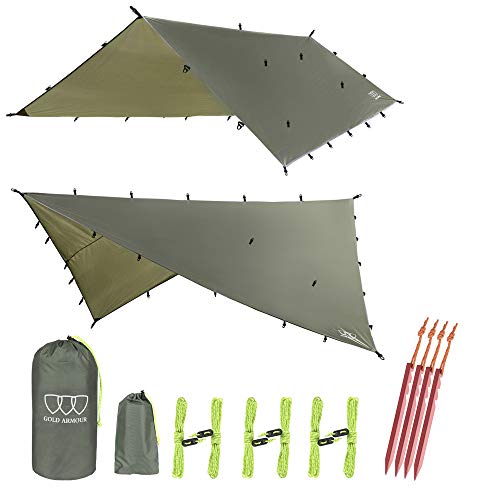 Gold Armour Waterproof Rainfly Tarp for Camping, 12ft x 10ft, Ultralight & Durable Green Shelter