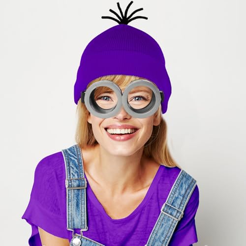 3 Pcs Halloween Costume Accessories Adult,Purple Beanie/Goggles Glasses/Gloves for Women Men Cosplay Party Set