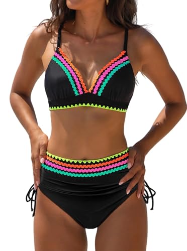 Women's High Waisted Bikini Set - Neon Tummy Control Swimsuit Medium Black2