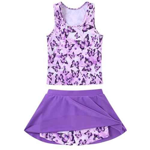 Vogseek 7-12T Girls 2-Piece Bathing Suit Sleeveless Swimsuit Tankini Sets with Shorts Skirt Swimwear