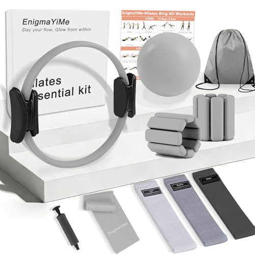 Gray Pilates Ring Kit with Adjustable Ankle & Wrist Weights, Resistance Bands, Ball for Home Workout