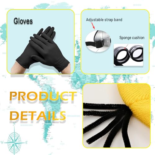 3 Pcs Halloween Costumes Adults & Kids Accessories, Adjustable Goggles Cosplay, Yellow Hat Beanie and Black Gloves for Women, Men, Halloween Party Set