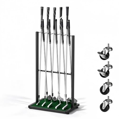 Golf Club Holder Stand with Wheels - Metal Golf Club Rack for 10 Clubs