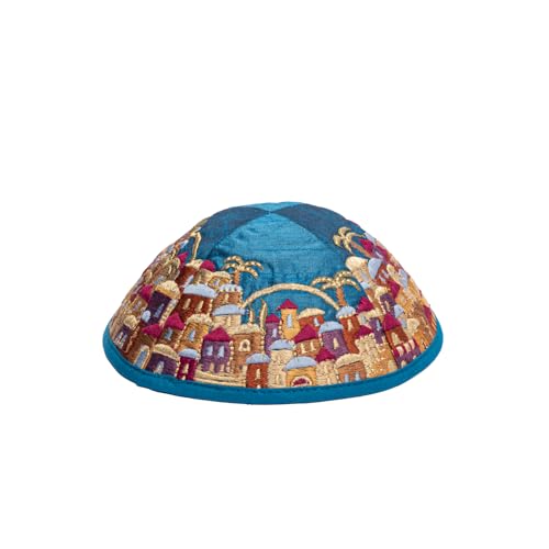 Embroidered Kippah with Jerusalem Design - Multicolor on Blue, 7 inch