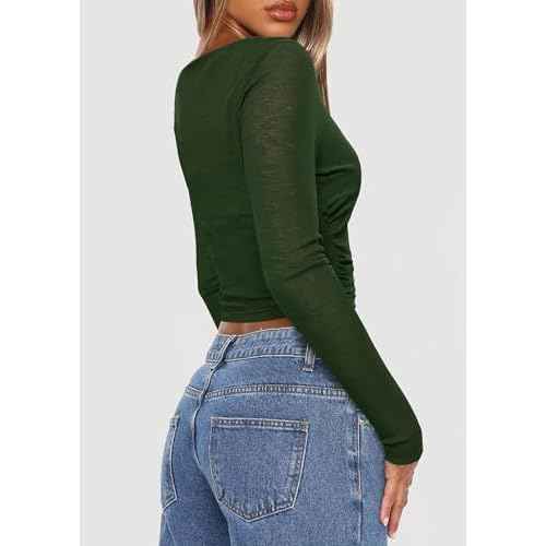 PRETTYGARDEN Women's Long Sleeve Sheer Crop Tops Boat Neck See Through Cover Up with Spaghetti Strap Camisole 2 Piece Blouses