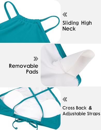 Women's High Neck Bikini Set with Cross Back - Peacock Blue, Medium