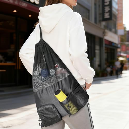 Large Waterproof Mesh Gym & Beach Bag - Black, Sports & Travel Backpack