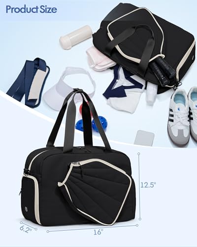 Black Pickleball Tote Bag with Paddle Pocket Shoe Compartment & Detachable Strap