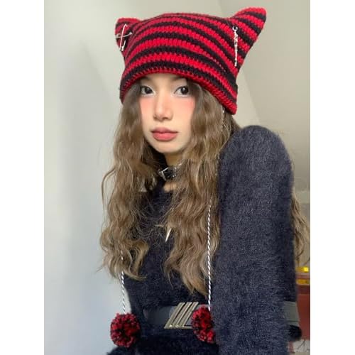 Y2k Beanies Crochet Knitted Cat Hats Goth Cross Devil Hat Striped Alt Emo Accessories Grunge Y2k Aesthetic Clothes