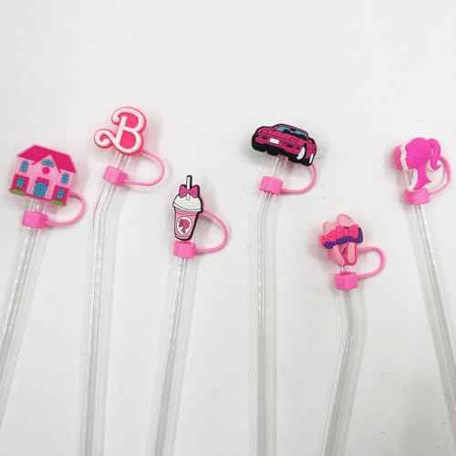 Stanley Straw Cover, 6Pcs Hot Pink Stanley Cup Accessories Straw Toppers Silicone Topper Covers Cap Cute for Simple Modern Tumblers 40oz 30oz & 20oz with Handle