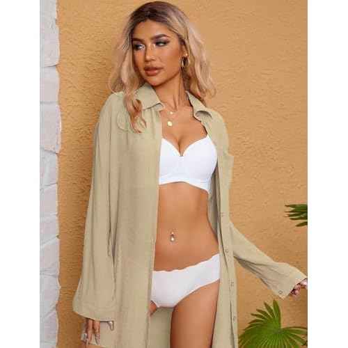 Swimsuit Coverup for Women Long Sleeve Bathing Suit Cover Up Swimwear Button Down Shirt Blouses V Neck Beach Cover Ups