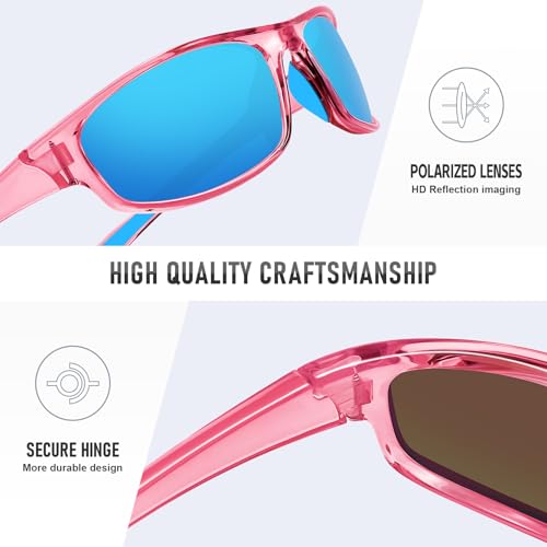 Polarized Sports Sunglasses for Men Women Wrap Around UV Protection - Pink Frame Blue Mirror Lens 62mm