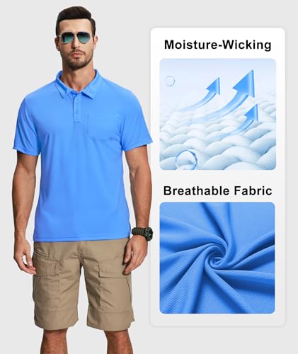 Men's Polo Shirts with Pockets 5 Pack Short Sleeve Athletic Work Uniforms - Apricot, Light Blue, Royal Blue, Light Royal Blue, Emerald Blue - Large