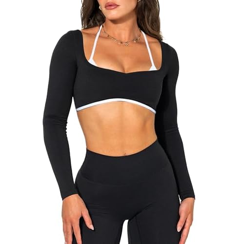OZICERD Women Backless Long Sleeve Workout Tops Gym Shirt Athletic Clothes Built in Bra Open Back Crop Top Yoga Sport Halter