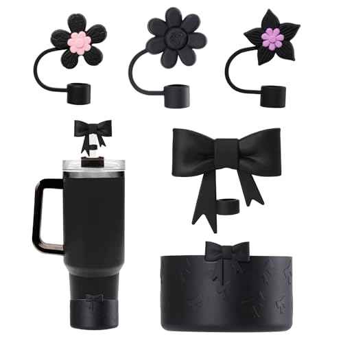 Stanley Tumbler Accessories Set Including 4 Pcs Siliocne Straw Covers Toppers Caps for 10mm/0.4 in Straws,1 Pcs Siliocne Boot for Stanleys Cup 40oz 30oz 20oz - Black