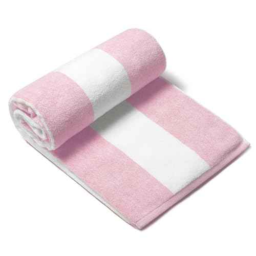 CLOWOOD Plush Oversized Beach Towel - Cotton 40 x 70 Inch Large Thick Pink Striped Cabana Pool Swimming Towel