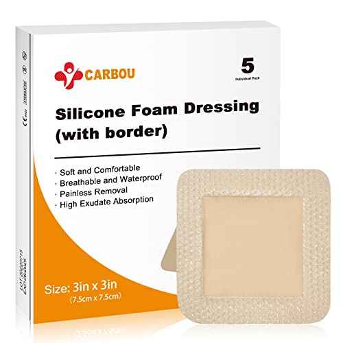 Carbou Silicone Foam Dressing with Adhesive Gentle Border,3"x3" Waterproof Wound Dressing,High Absorbency Wound Bandage,Silicone Foam Pad for Wound Care 5 Pack
