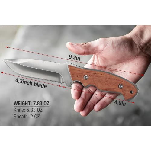 9.2 Inch Carbon Steel Fixed Blade Hunting Knife with Wooden Handle and Leather Sheath
