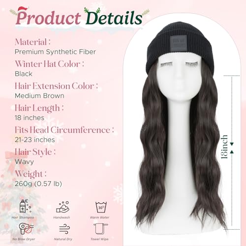 Beanie Wig with Hair - Synthetic Wavy Extensions 18 Inch - Black & Brown Variation