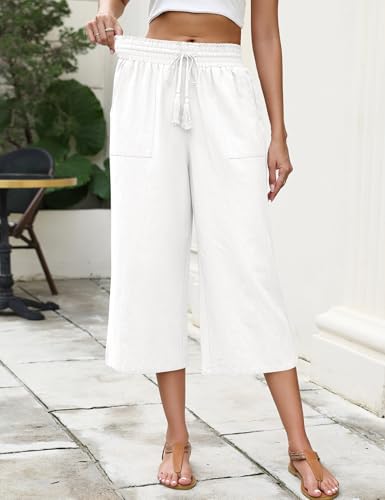 X-Large Women's Linen Wide Leg Cropped Pants High Waisted Summer Fashion - White