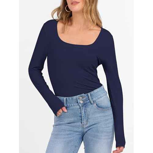 ANRABESS Womens Long Sleeve Fleece Thermal Tops Square Neck Fitted Basic Thick Layering Shirt 2025 Fall Winter Outfits