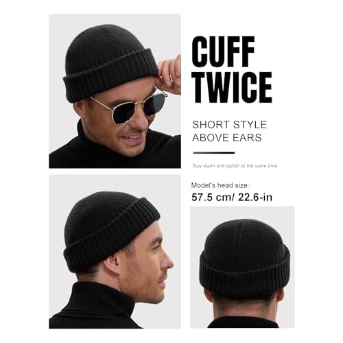 50% Wool Double Cuff Knit Beanie Hat for Men Women, Short Fisherman/Slouchy Warm Winter Skull Cap Trawler Watch Cap