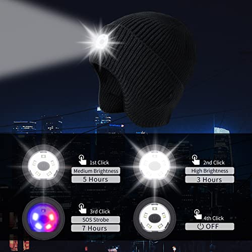 LED Beanie with Light - Unisex USB Rechargeable Earflap Hat for Fishing, Jogging, Working - Black Adult