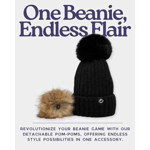 Funky Junque Women¡¯s Winter Detachable Pom Beanie ? Warm Knit Hat with Removable Faux Fur Pom, Soft Stretch Acrylic Cozy Cap