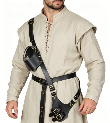 Black Renaissance Faux Leather Shoulder Sword Strap Holder with Double Scabbard - Pirate Medieval Costume Accessory