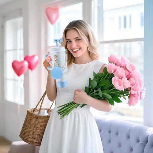 Stanley Cup Accessories Set for 40oz & 30oz Tumbler,Silicone Straw Cover, Cute Bow Charm,Handle Strap,Cup Ring,Plush Pendant,Silicone Stanley Boot,Heart Buttons (Light Blue)