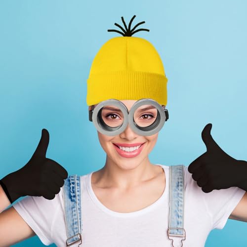 3 Pcs Halloween Costume Accessories Adult,Goggles Glasses/Yellow Beanie/Gloves for Men Women Cosplay Party Set