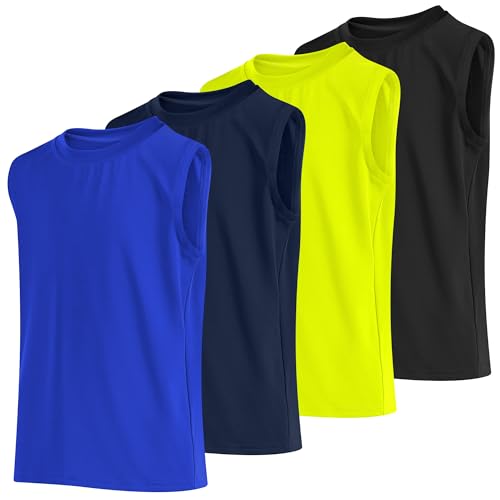 Poroka 4 Pack Boys' Dry-Fit Athletic Tank Tops - Large Black Yellow Navy Royal Blue