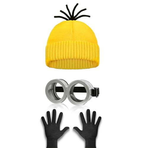 3 PCS Halloween Costumes for Men Women Adults, Yellow Beanie, Steampunk Goggles, Black Gloves, Halloween Party