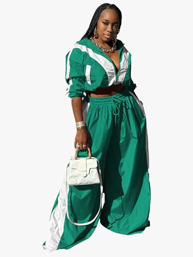 Women’s Track Suit Set Small Green Windbreaker Crop Jacket Wide Leg Pants