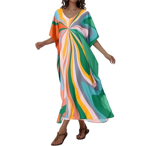 Kaftan Dresses for Women V Neck Caftan Long Batwing Sleeve Swimsuit Cover Up Beach Swimwear