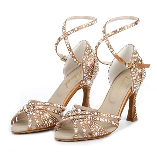 Women's Sparkly Crystal Latin Dance Heels - 7.5 Tan, 2.95in Heel, Adjustable Ankle Clasp