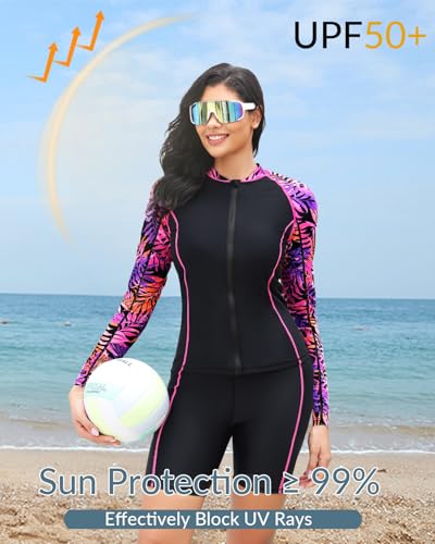 Women 3-Piece Rash Guard Swim Set with Long Sleeve Shirt and Pockets - Purple Leaves XL