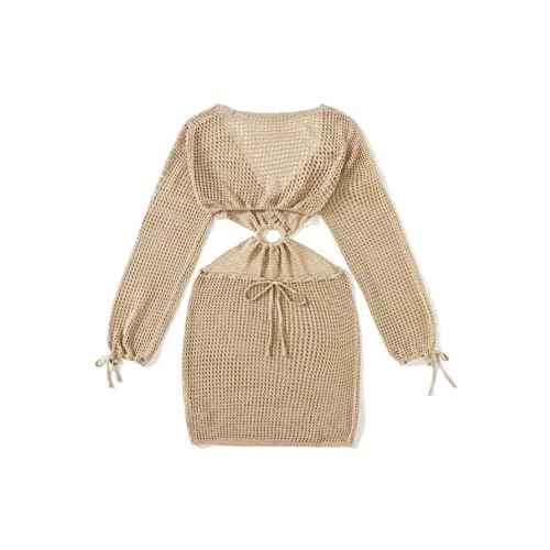 MakeMeChic Women's Crochet Cover Up Long Sleeve Knitted Swim Beach Cover Up Dress Swimwear