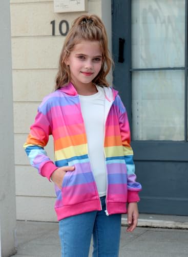 Kids Rainbow Unicorn Zip Up Hoodie with Pockets - 6-7 Years Rainbow Stripe