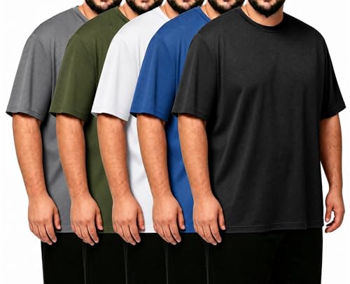 Men's Workout Gym Dry Fit Short Sleeve T-Shirts Big & Tall 3X-Large 5 Pack - Black Gray White Blue Green