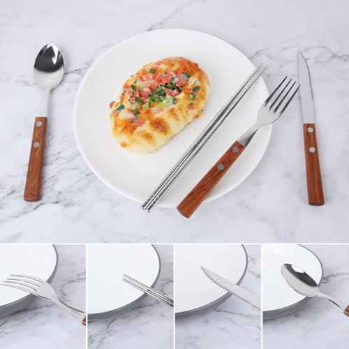 Travel Utensils with Case 4-Pack Wooden Handle Stainless Steel Reusable Travel Cutlery Set, Forks Spoons Knives Flatware Set for Camping, Picnic, Lunch Box for Men