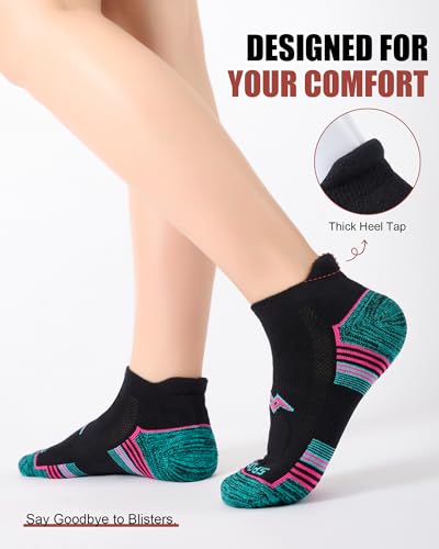 Women's Athletic Ankle Socks 6 Pairs - Cushioned & Multi-Color on Black, Size 5-9