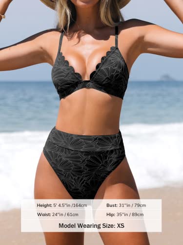 High Waisted Scalloped Bikini Set for Women - Medium Black