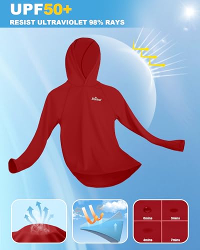 Blueleaf Boys Rash Guard Long Sleeve Hoodie UPF 50+ Sun Protection Fishing Shirt Kids SPF Water Beach UV Shirt - Large / Red