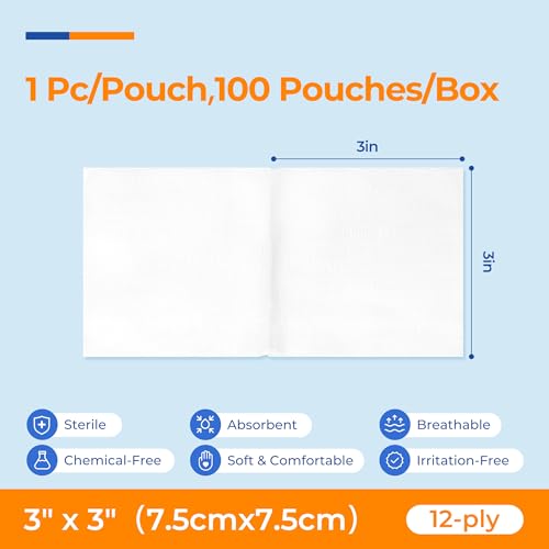 3x3 Inch Sterile Cotton Gauze Pads 12-Ply Bulk Wound Dressings 100 Pack