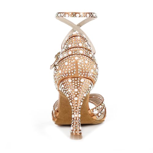 Women's Sparkly Crystal Latin Dance Heels - 7.5 Tan, 2.95in Heel, Adjustable Ankle Clasp
