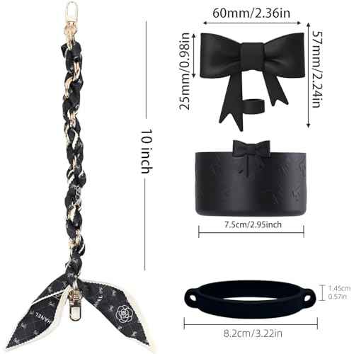 Stanley Cup Accessories Set, Bow Straw Toppers, Water Bottle Handle Strap, Straw Cover Boots for Stanley, Silicone Straw Toppers for Tumblers, Bow Cup Accessories for 20&30&40Oz (Black)