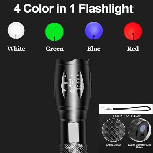 Powerful Red Flashlight, 4 Color in 1 LED White Red Blue and Green Lights, 4 Modes, Zoomable, Rechargeable, 2000 Lumen, Compact, Black, Aluminum, Water Resistant