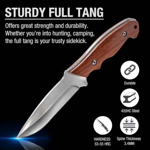 9.2 Inch Carbon Steel Fixed Blade Hunting Knife with Wooden Handle and Leather Sheath