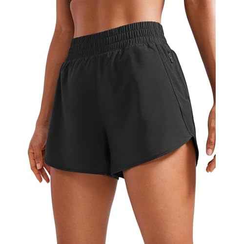 CRZ YOGA Womens High Waisted Running Shorts Mesh Liner 3'' Dolphin Quick Dry for Athletic Gym Track Workout with Zip Pocket